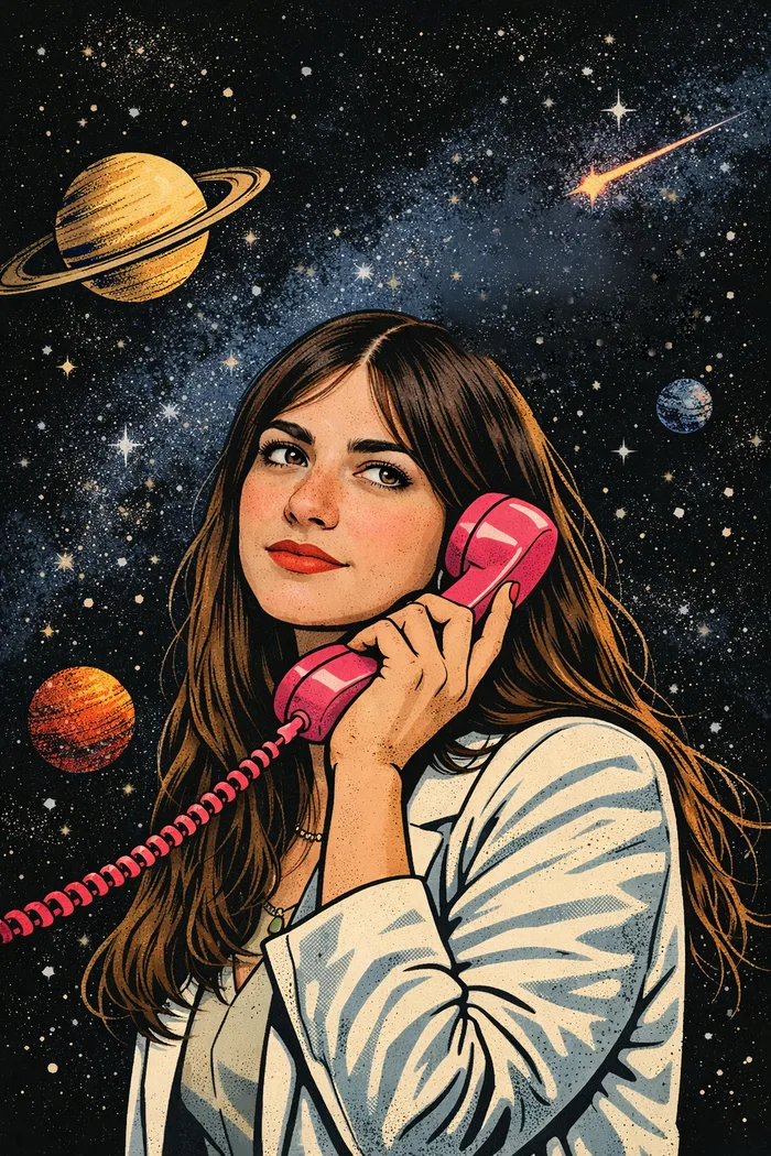Illustration: Eine junge Frau mit pinkem Telefonhörer vor einem Sternenhimmel mit Planeten